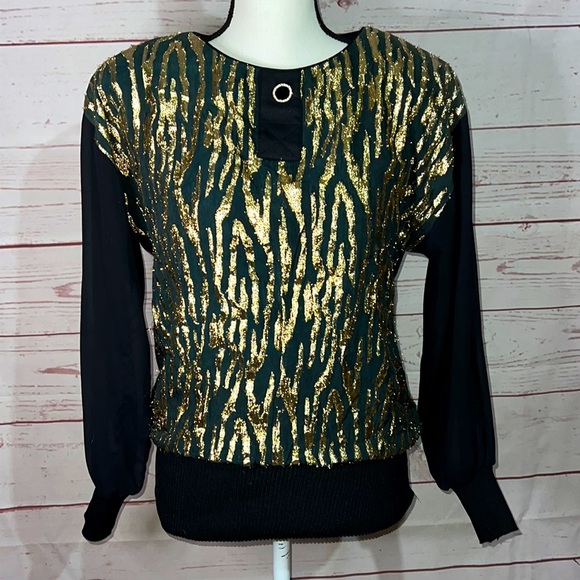 Vintage 80’s Act I New York DISCOCORE crepe gold black blouse shoulder pads - Picture 1 of 8